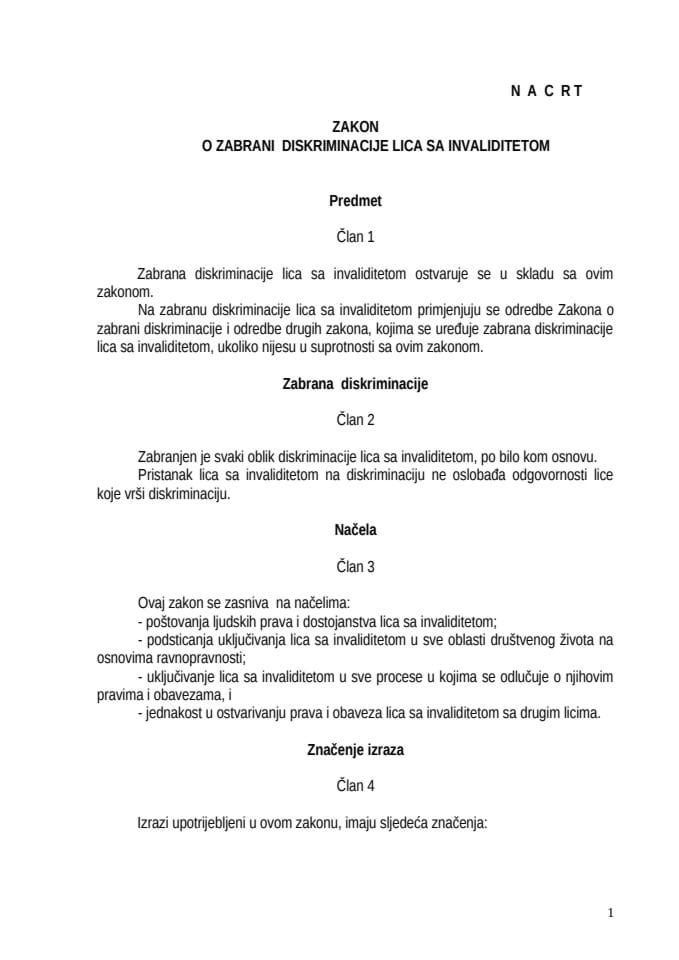 НАЦРТ ЗАКОНА О ЗАБРАНИ  ДИСКРИМИНАЦИЈЕ ЛИЦА СА ИНВАЛИДИТЕТОМ