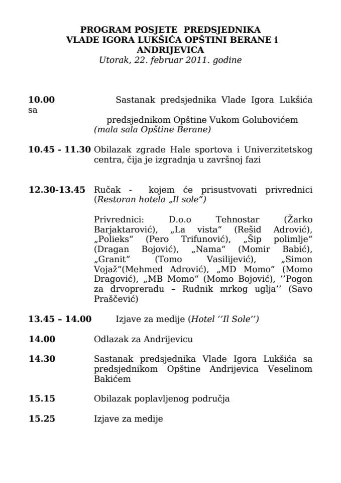 Program posjete predsjednika Vlade Igora Lukšića opštinama Berane i Andrijevica