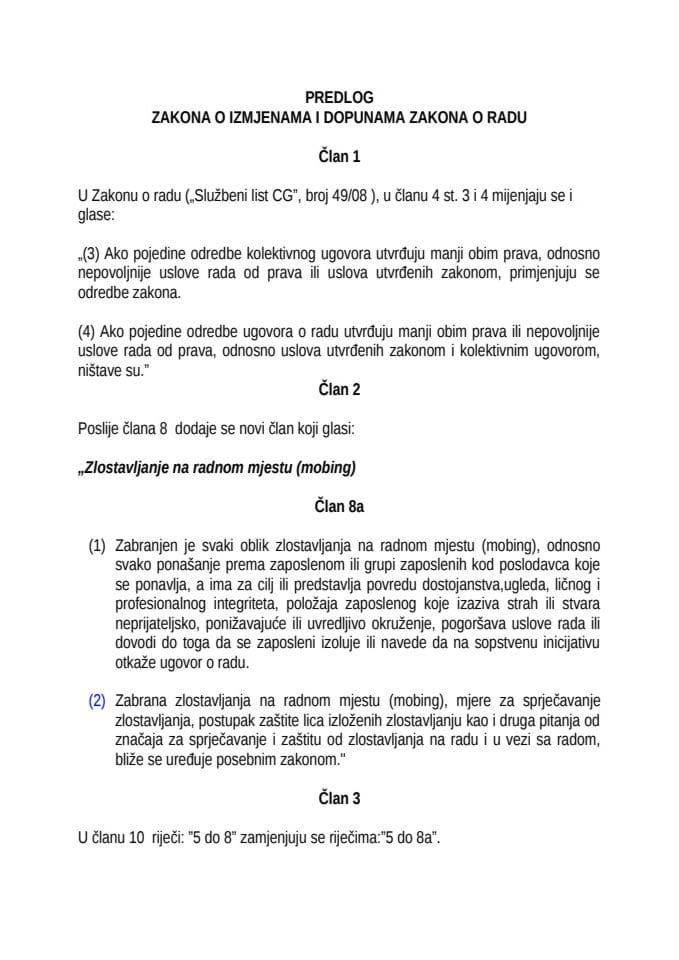PREDLOG ZAKONA O IZMJENAMA I DOPUNAMA ZAKONA O RADU