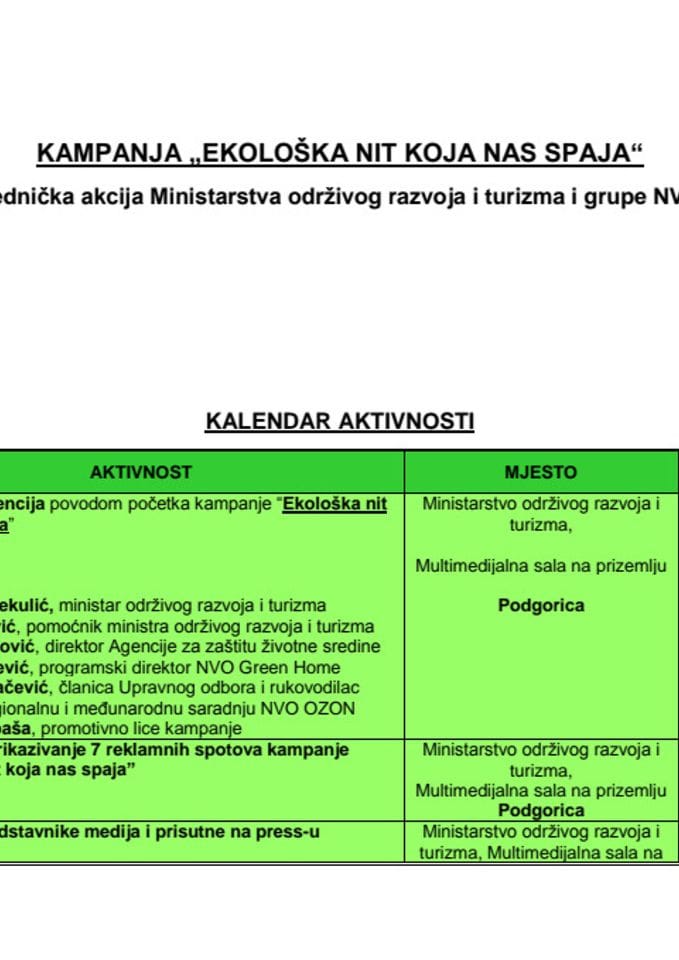 Kampanja „Ekološka nit koja nas spaja“ - Kalendar aktivnosti