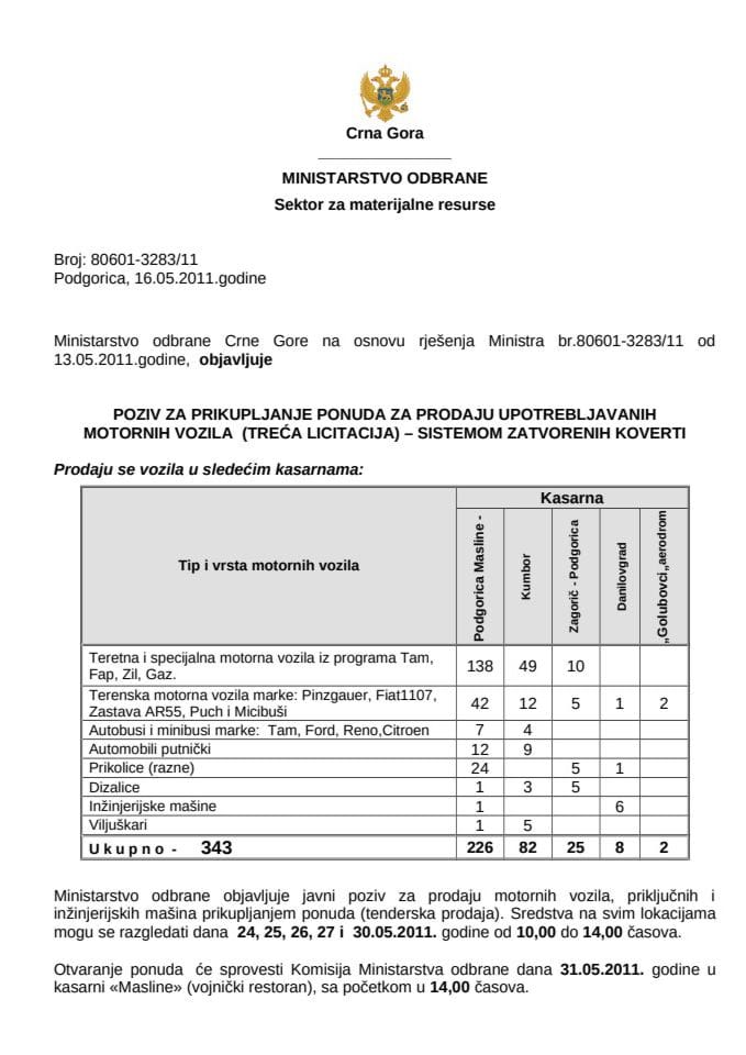 Oglas- POZIV ZA PRIKUPLJANJE PONUDA ZA PRODAJU MOT.VOZILA, 18.05.2011 