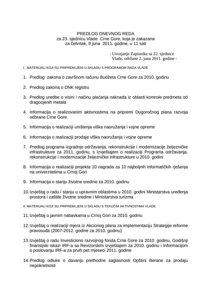 Predlog dnevnog reda za 22. sjednicu Vlade Crne Gore