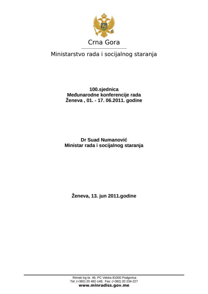 Govor ministra Numanovića na sjednici Međunarodne konferencije rada
