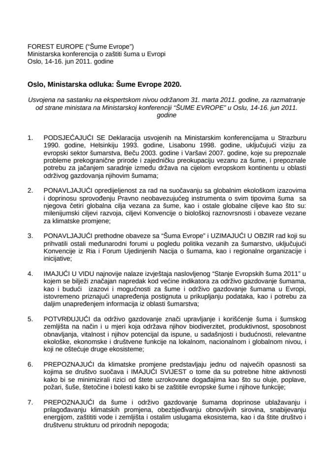 Oslo, Ministarska odluka: Šume Evrope 2020