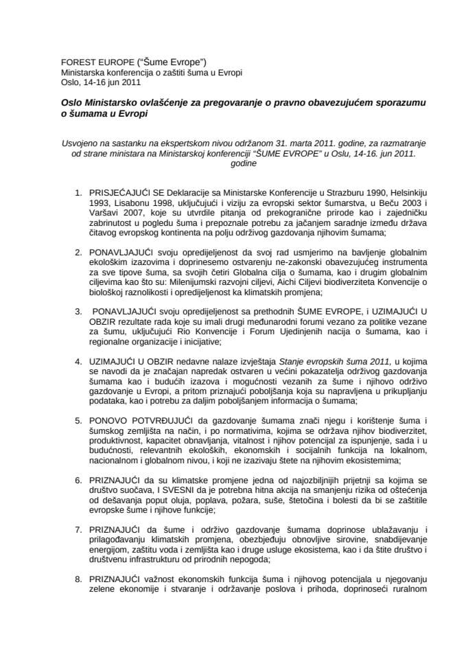 Ministarsko ovlašćenje za pregovaranje o pravno obavezujućem sporazumu o šumama u Evropi