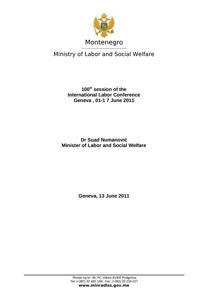 Govor ministra Numanovića na sjednici Međunarodne konferencije rada na engleskom jeziku