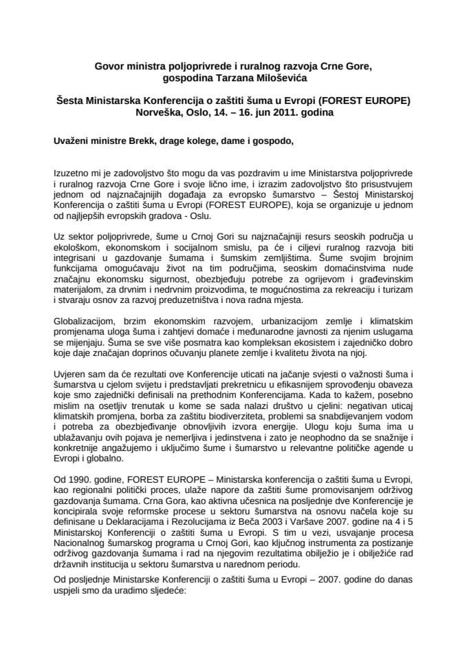 Oslo, Govor ministra poljoprivrede i ruralnog razvoja Crne Gore,  gospodina Tarzana Miloševića   