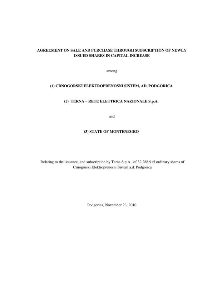 Agreement on Sale and Purchase Through Subscription of Newly Issued Shares in Capital Increase