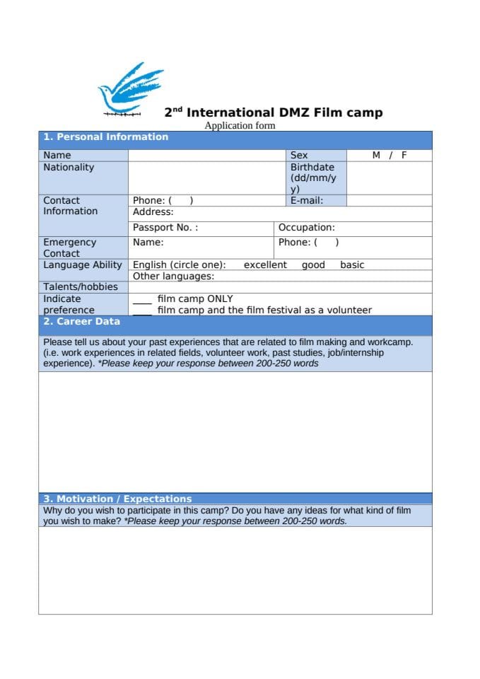 2ND International DMZ Film Camp Aplication Form
