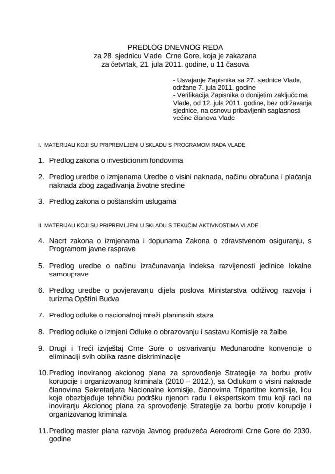 Predlog dnevnog reda za 28. sjednicu Vlade Crne Gore