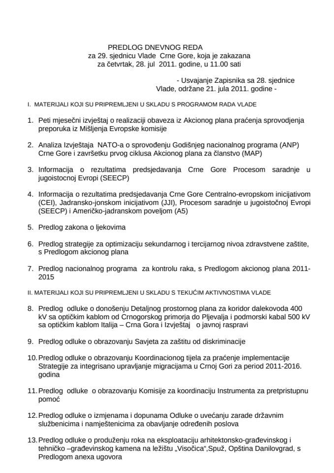 Predlog dnevnog reda za 29. sjednicu Vlade Crne Gore