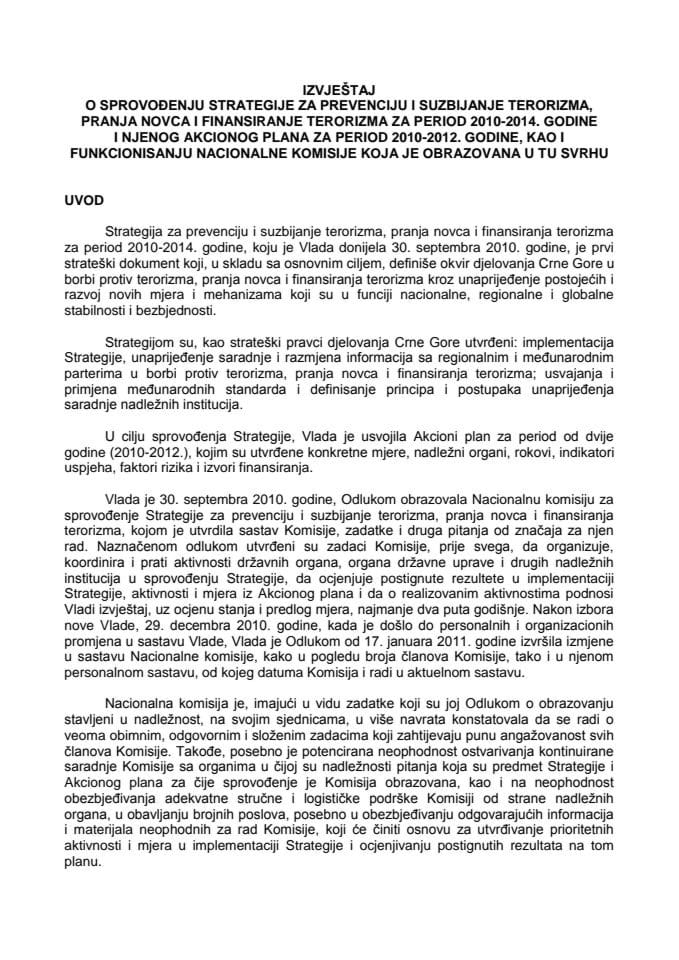 Izvjestaj o sprovođenju Strategije za prevenciju i suzbijanje terorizma, pranja novca i finansiranje terorizma za period 2010 – 2014. godine i Akcioni plan za period 2010 – 2012. godine