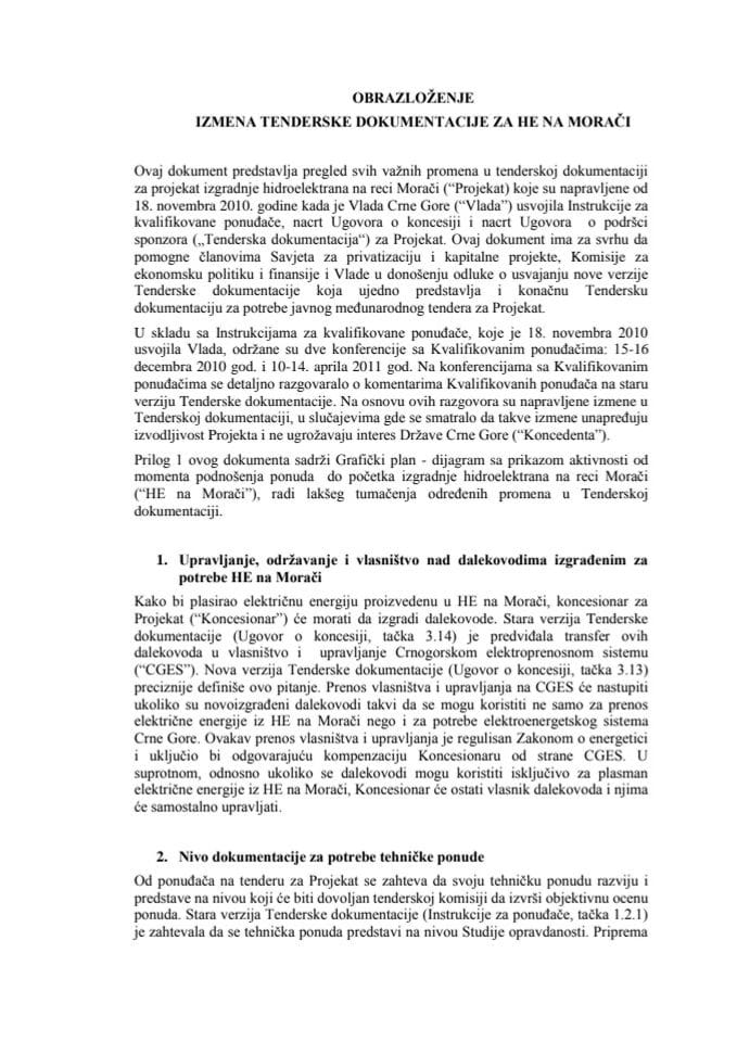 Infromacija o izmjenama tenderske dokumentacije za hidroelektrane na Morači , s Instrukcijama za kvalifikovane ponuđače, Nacrtom ugovora o koncesiji i Nacrtom ugovora o podršci sponzora