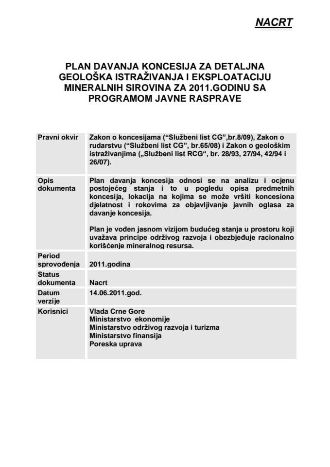 Nacrt plana davanja koncesija za detaljna geološka istraživanja i eksploataciju mineralnih sirovina za 2011.godinu, s Programom javne rasprave