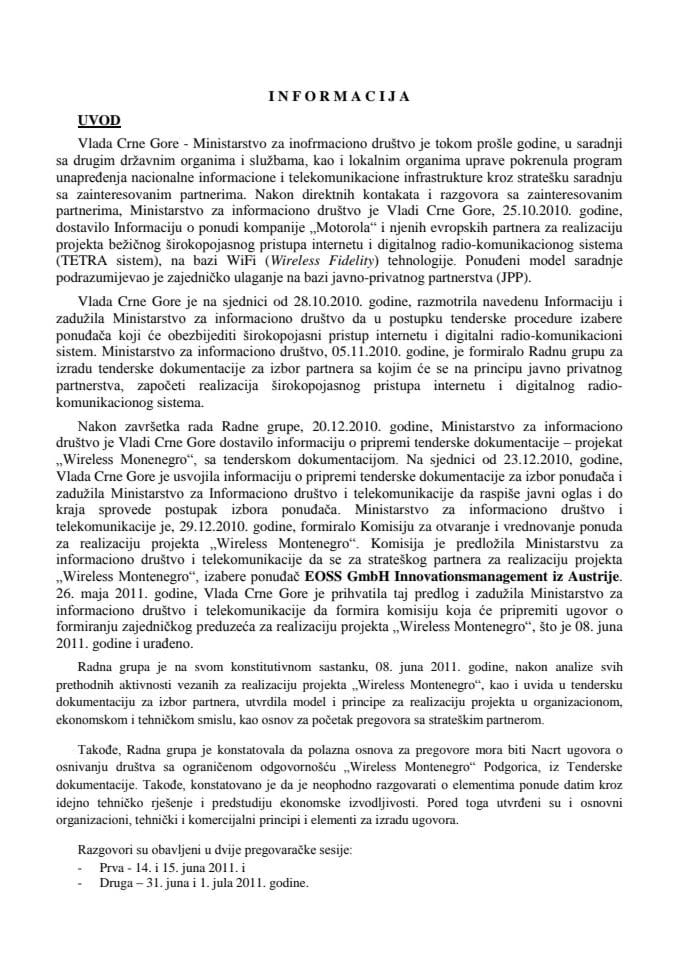Izvještaj o realizaciji projekta „Wireless Montenegro“, s Predlogom ugovora