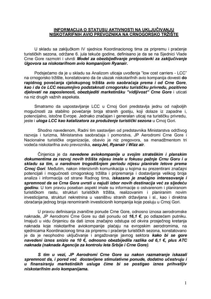 Informacija o statusu aktivnosti na uključivanju niskotarifnih avio kompanija na crnogorsko tržište