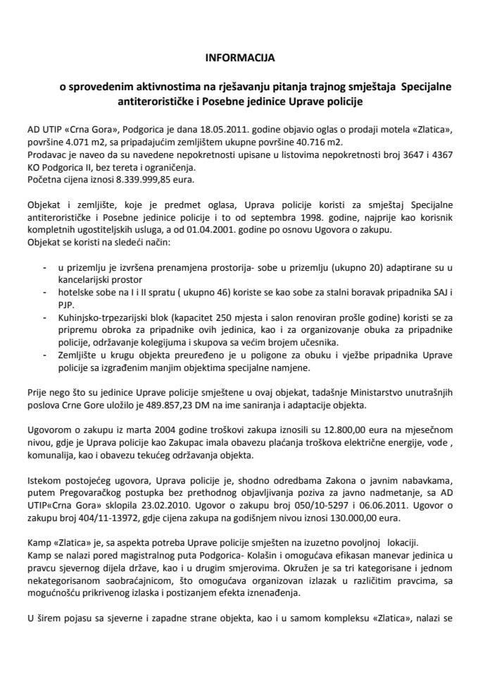 Informacija o sprovedenim aktivnostima na rješavanju pitanja trajnog smještaja Specijalne antiterorističke i Posebne jedinice Uprave policije