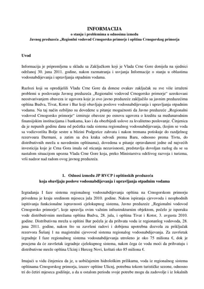 Informacija o stanju i problemima u odnosima između Javnog preduzeća „Regionalni vodovod Crnogorsko primorje" i opština Crnogorskog primorja