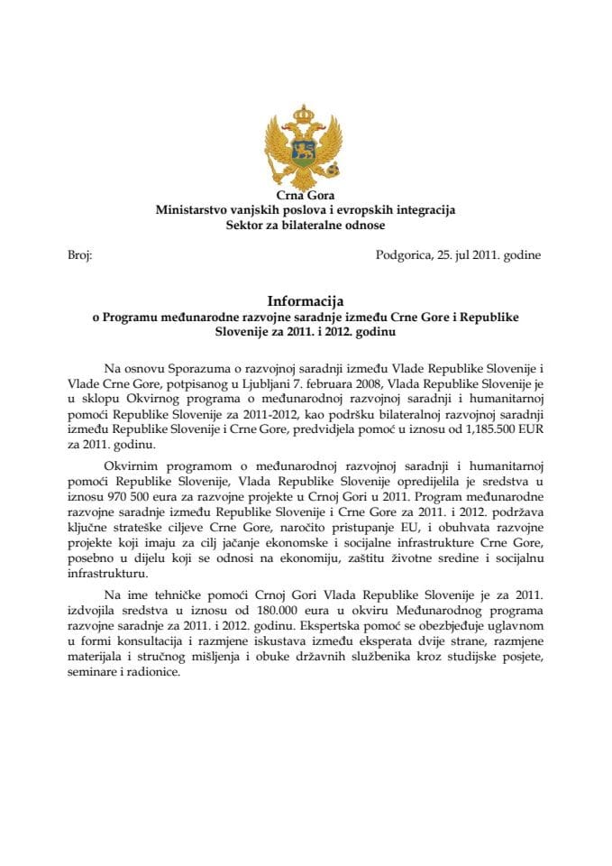Informacija o Programu međunarodne razvojne saradnje između Crne Gore i Republike Slovenije za 2011. i 2012. godinu