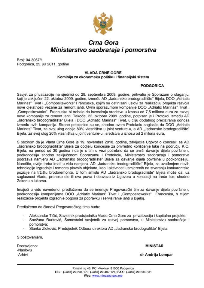 Informacija sa predlogom za davanje dijela površine u podkoncesiju za privredno korišćenje dijela luke na području K.O. Bijela 