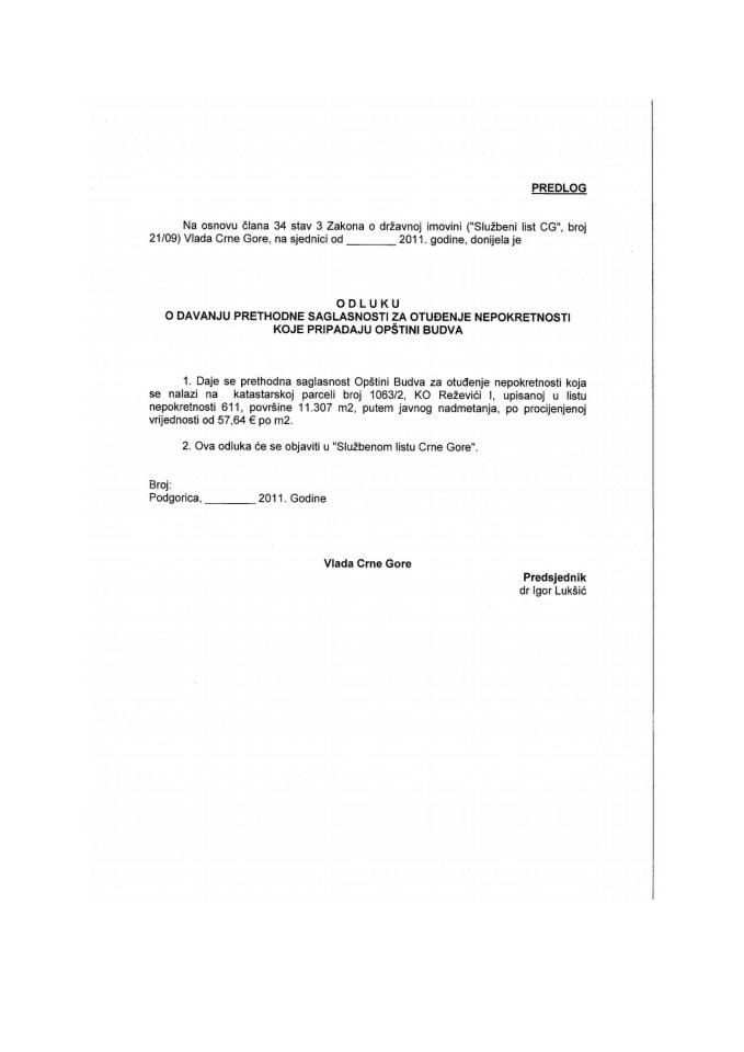 Predlog odluke o davanju prethodne saglasnosti za otudjenje nepokretnosti koje pripadaju opštini Budva (za verifikaciju)