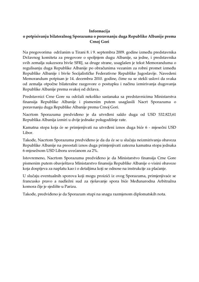 Informacija o potpisivanju bilateralnog Sporazuma o poravnanju duga Republike Albanije prema Crnoj Gori (za verifikaciju)