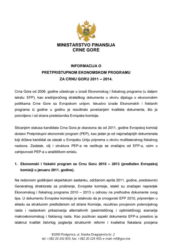 Informacija o Pretpristupnom ekonomskom programu za Crnu Goru 2011-2014 godine (za verifikaciju)