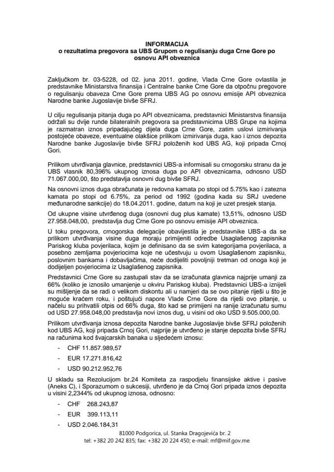 Informacija o rezultatima pregovora sa UBS Grupom o regulisanju duga Crne Gore po osnovu API obveznica, s Nacrtom ugovora o poravnanju između Crne Gore i UBS AG (za verifikaciju)