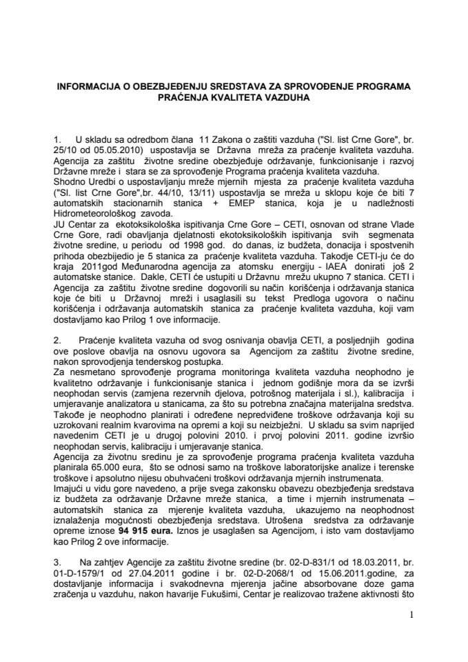 Informacija o obezbjeđenju sredstava za sprovođenje Programa praćenja kvaliteta vazduha (za verifikaciju)