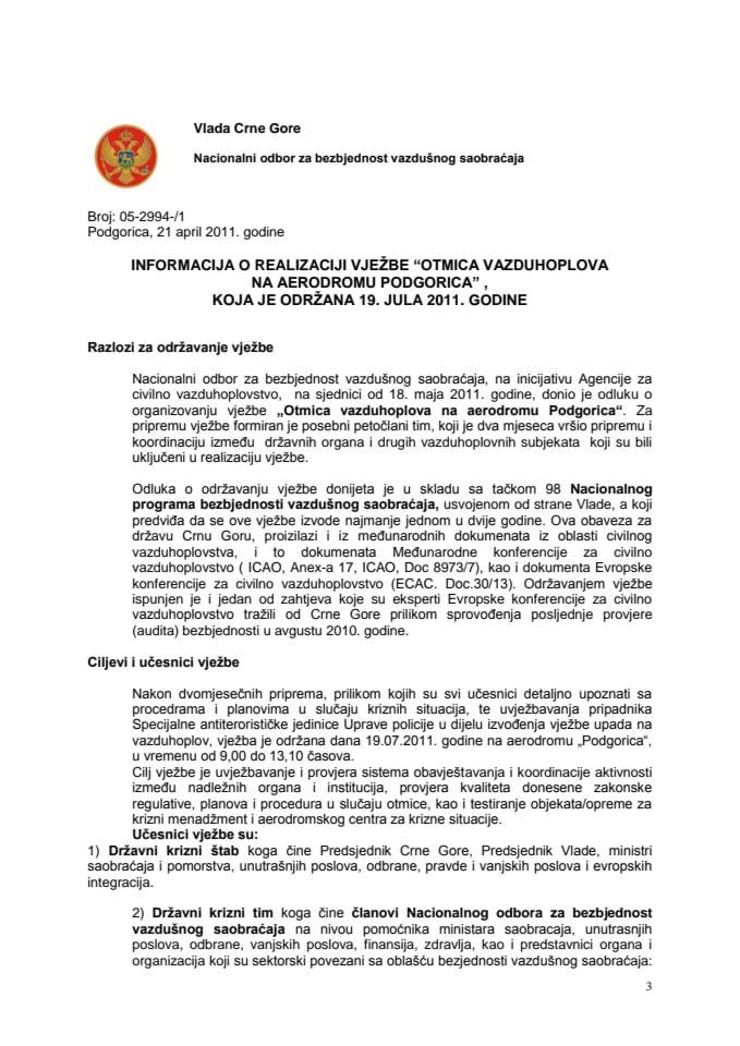 Informacija o realizaciji vježbe “Otmica vazduhoplova na aerodromu Podgorica”, koja je održana 19. jula 2011. godine (za verifikaciju)