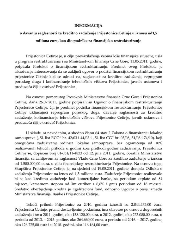 Informacija o davanju saglasnosti za kreditno zaduženje Prijestonice Cetinje u iznosu od 1,5 miliona eura (za verifikaciju)
