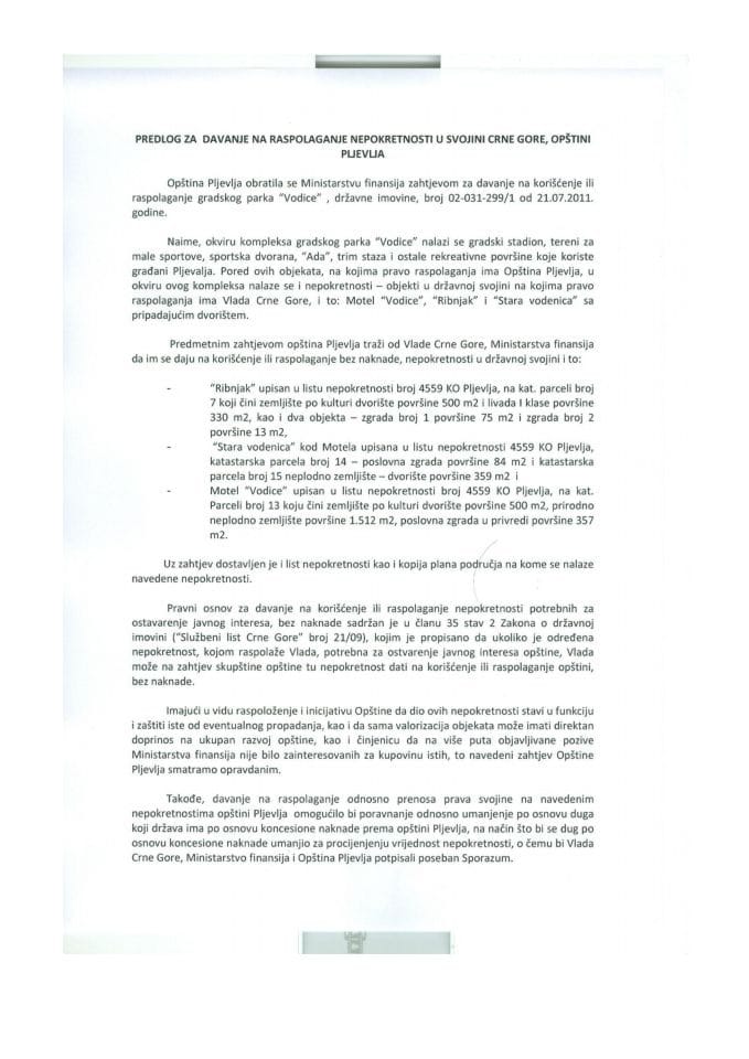 Predlog za davanje na korišćenje nepokretnosti u svojini Crne Gore Opštini Pljevlja (za verifikaciju)