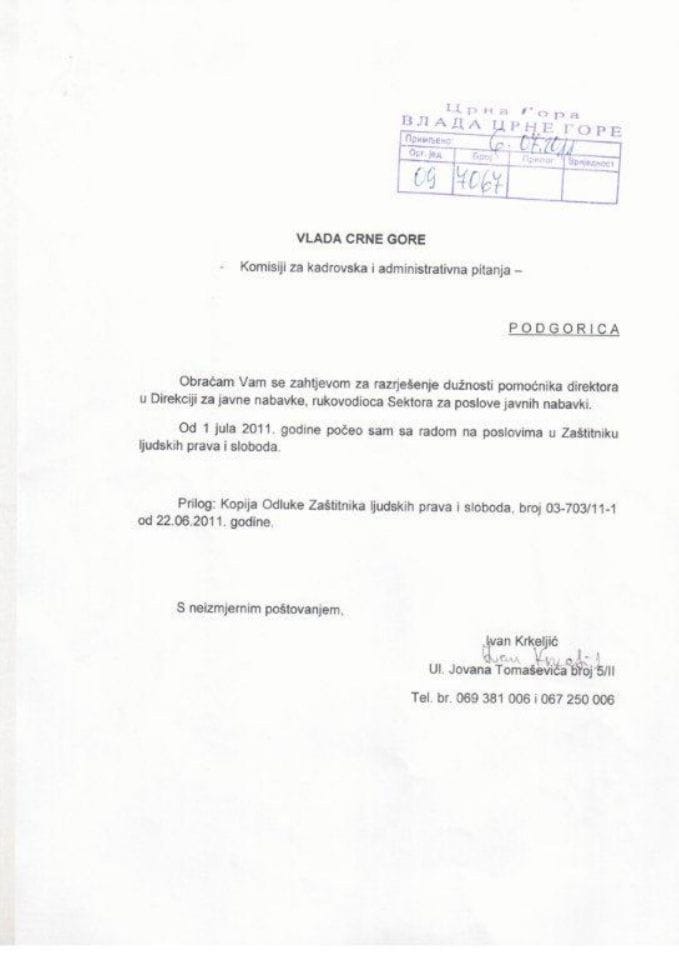 Predlog rješenja o razrješenju dužnosti pomoćnika direktora Direkcije za javne nabavke (za verifikaciju)