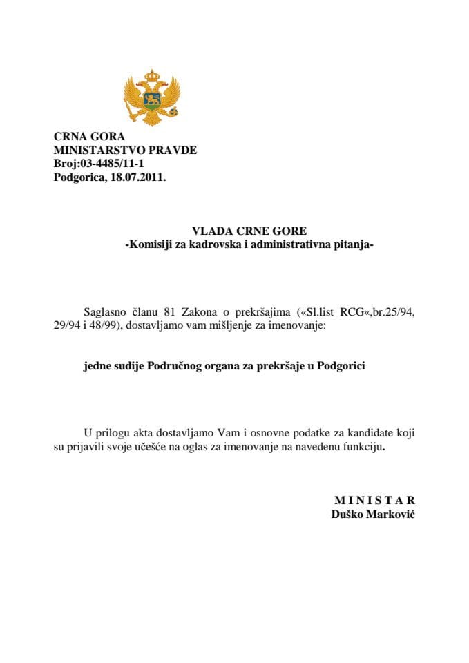 Predlog rješenja o imenovanju sudije Područnog organa za prekršaje u Podgorici (za verifikaciju)