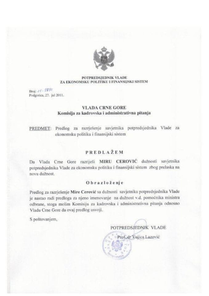 Predlog rješenja o razrješenju savjetnika potpredsjednika Vlade za ekonomsku politiku i finansijski sistem ( za verifikaciju)