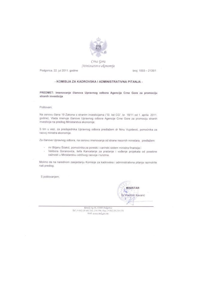 Predlog rješenja o imenovanju Upravnog odbora Agencije Crne Gore za promociju stranih investicija