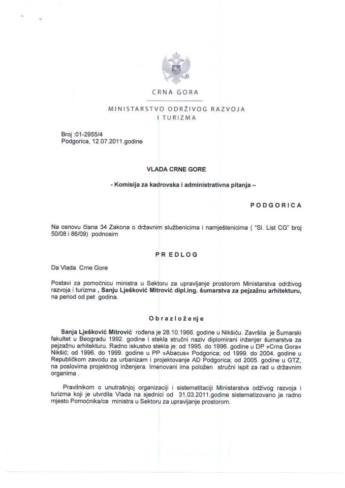 Predlog rješenja o postavljenju pomoćnika ministra održivog razvoja i turizma - Sektor za upravljanje prostorom (za verifikaciju)