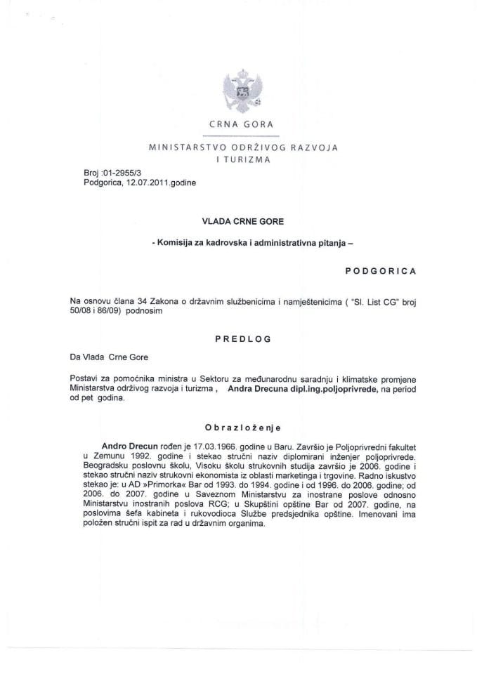 Predlog rješenja o postavljenju pomoćnika ministra održivog razvoja i turizma - Sektor za međunarodnu saradnju i klimatske promjene (za verifikaciju)