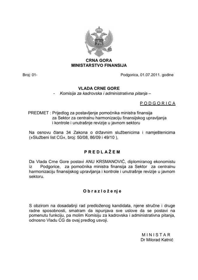 Predlog rješenja o postavljenju pomoćnika ministra finansija (za verifikaciju)