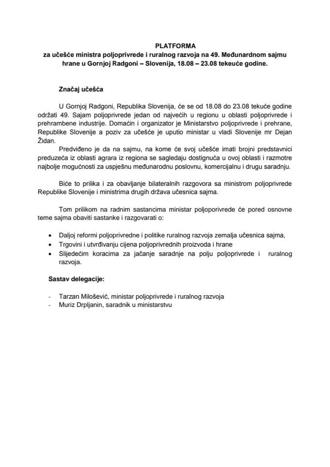 Predlog platforme za učešće Tarzana Milosevica ,ministra poljoprivrede i ruralnog razvoja Crne Gore na 49. Međunardnom sajmu hrane u Gornjoj Radgoni – Slovenija