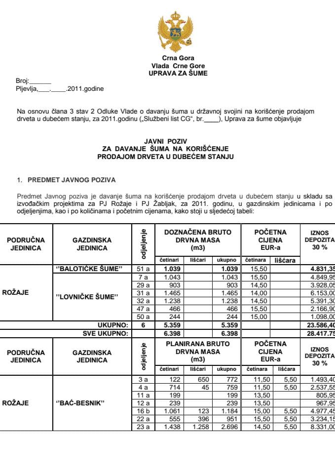Predlog odluke o davanju šuma u državnoj svojini na korišćenje prodajom drveta u dubećem stanju, za 2011. godinu