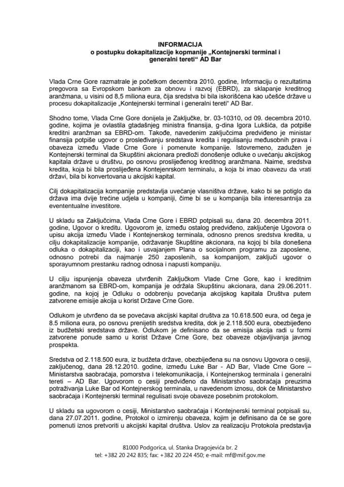 Informacija o postupku dokapitalizacije kompanije AD „Kontejnerski terminal i generalni tereti“ - Bar, sa predlogom zaključaka