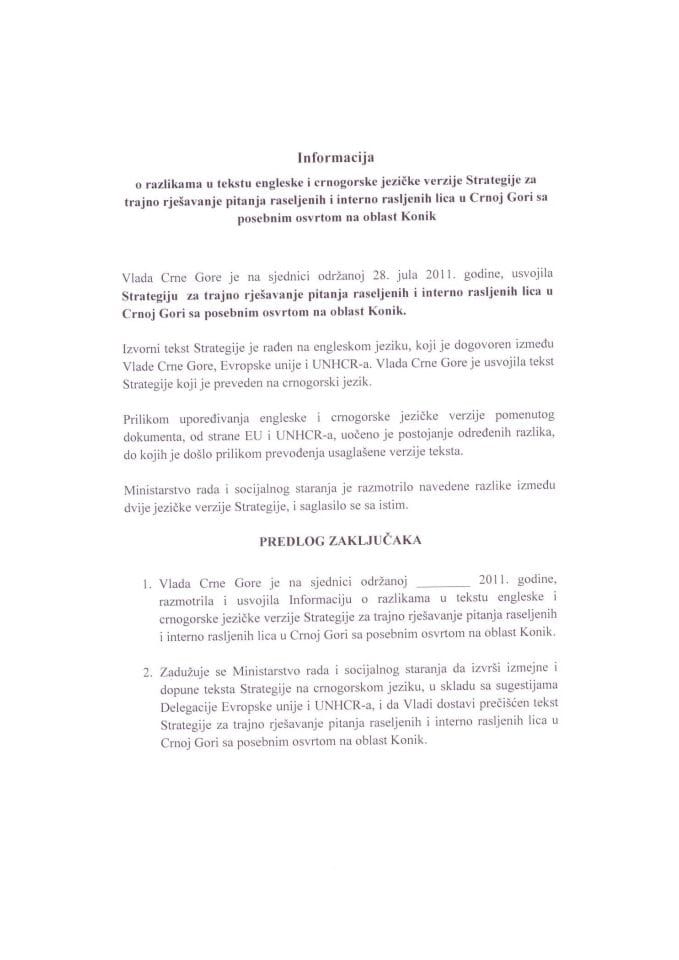 34.1. Informacija o razlikama u tekstu engleske i crnogorske jezičke verzije Strategije za trajno rješavanje pitanja raseljenih i interno rasljenih lica u Crnoj Gori sa posebnim osvrtom na oblast Koni