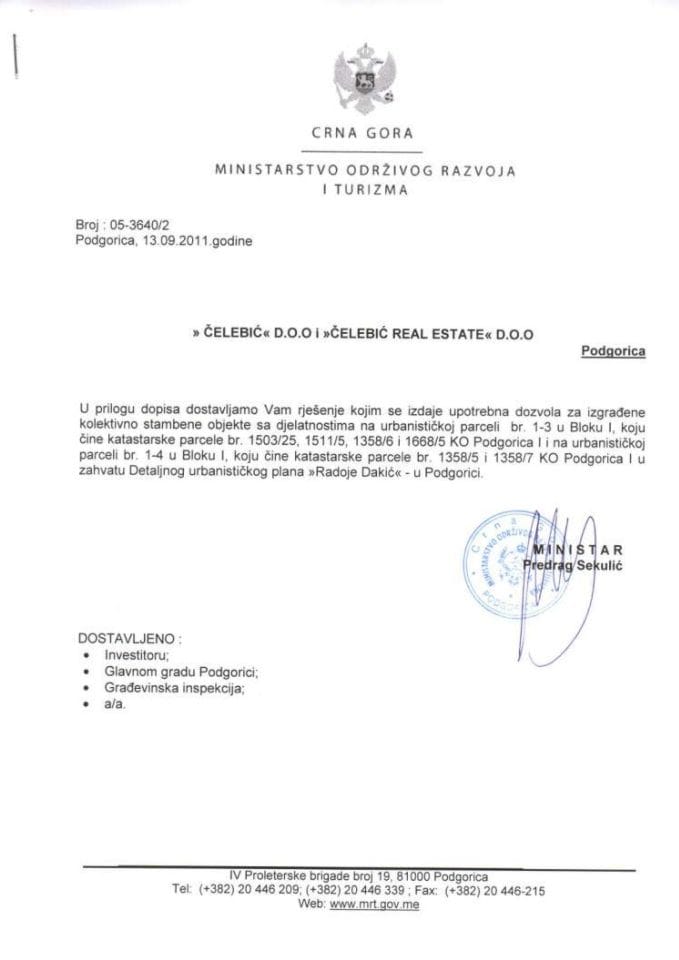 05-3640-2 Čelebić i Čelebić Real Estate - upotrebna dozvola