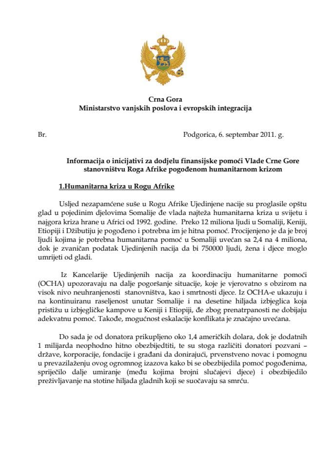 Informacija o inicijativi za dodjelu finansijske pomoći Vlade Crne Gore stanovništvu Roga Afrike pogođenom humanitarnom krizom 