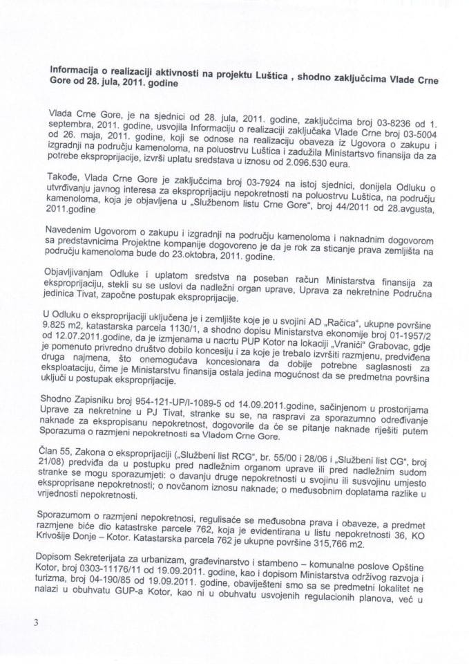 Informacija o realizaciji aktivnosti na projektu Luštica, shodno zaključcima Vlade Crne Gore od 28. jula 2011. godine 