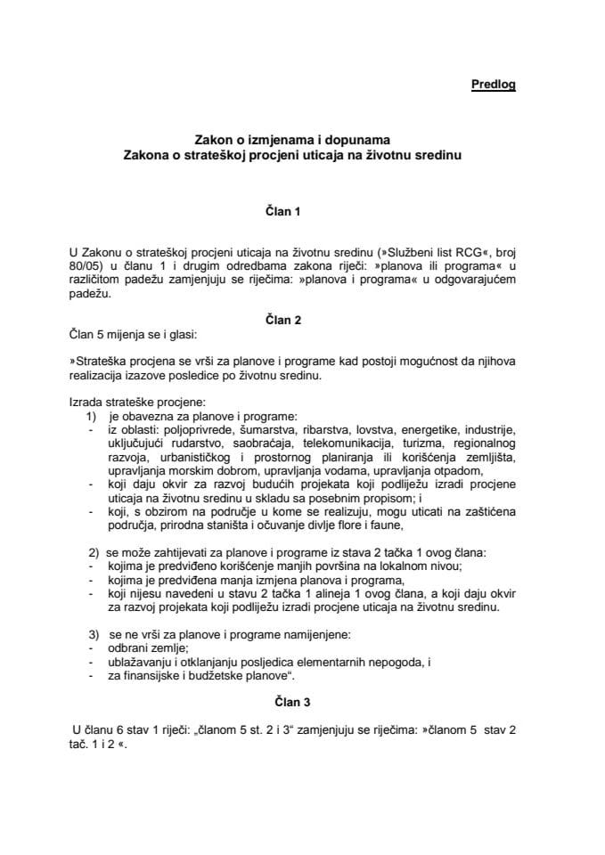 Predlog zakona o izmjenama i dopunama Zakona o strateškoj procjeni uticaja na životnu sredinu