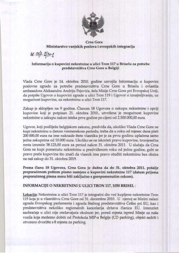 Informacija o kupovini nekretnine u ulici Tron 117 u Briselu za potrebe diplomatsko-konzularnih predstavništava Crne Gore u Briselu (za verifikaciju)