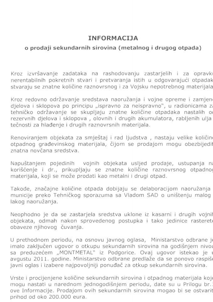 Informacija o prodaji sekundarnih sirovina (metalnog i drugog otpada)