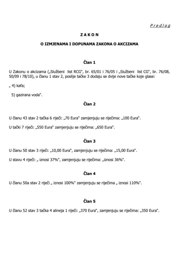Predlog zakona o izmjenama i dopunama Zakona o akcizama  